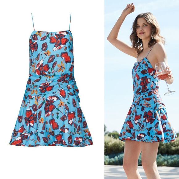 Derek Lam 10 Crosby Cami Flounce Dress Floral Print Twist Waist Mini Blue Size 6 - Picture 1 of 13